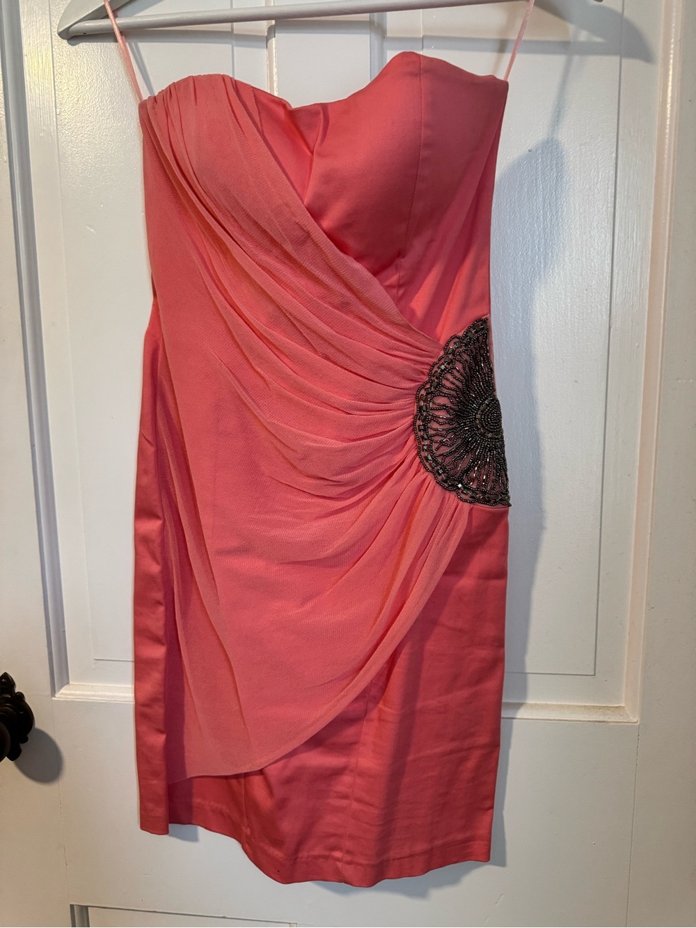 Strapless Coral Cocktail Dress with Beaded Accent